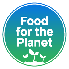 Round Food for the Planet logo in blue to green gradient with white text and illustration of plants sprouting, on white background.